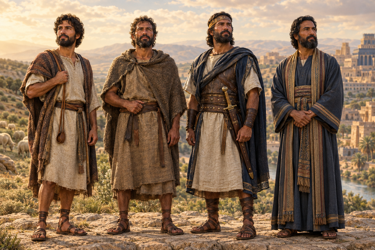 David, Gideon, Joshua, and Daniel depicted as Hebrew men standing side by side in historically inspired biblical clothing