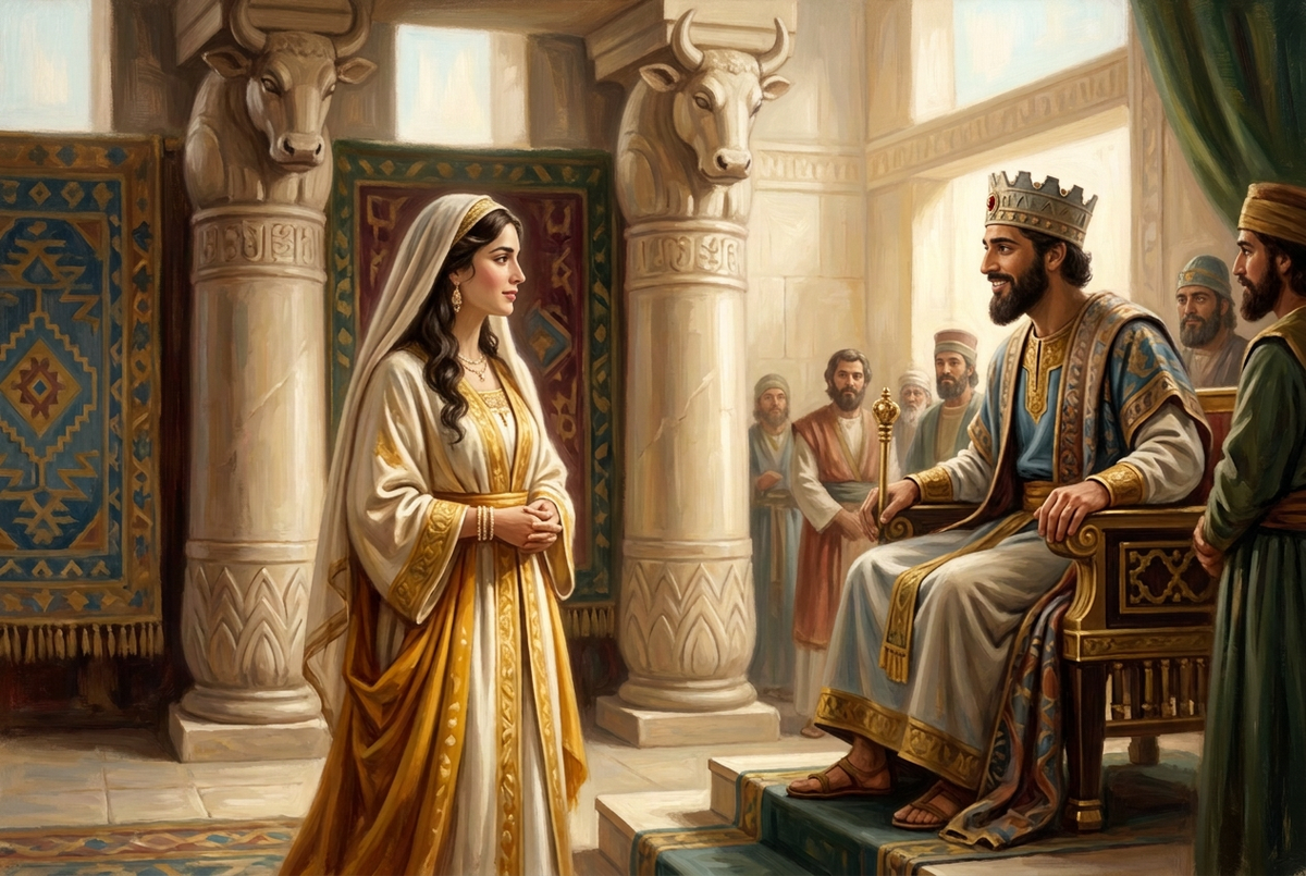 Esther as a Hebrew woman and the king with an Arabian appearance