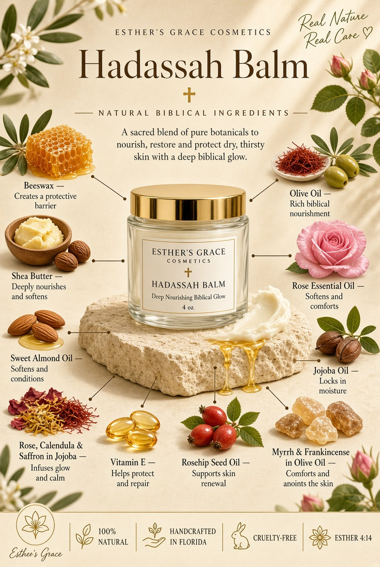 A cosmetic product listing graphic for Esther's Grace Cosmetics Hadassah Balm. The central subject is a glass jar of the balm with a gold lid, surrounded by labeled ingredient illustrations and callouts including beeswax, olive oil, rose, shea butter, almond oil, rosehip seed oil, and myrtle.