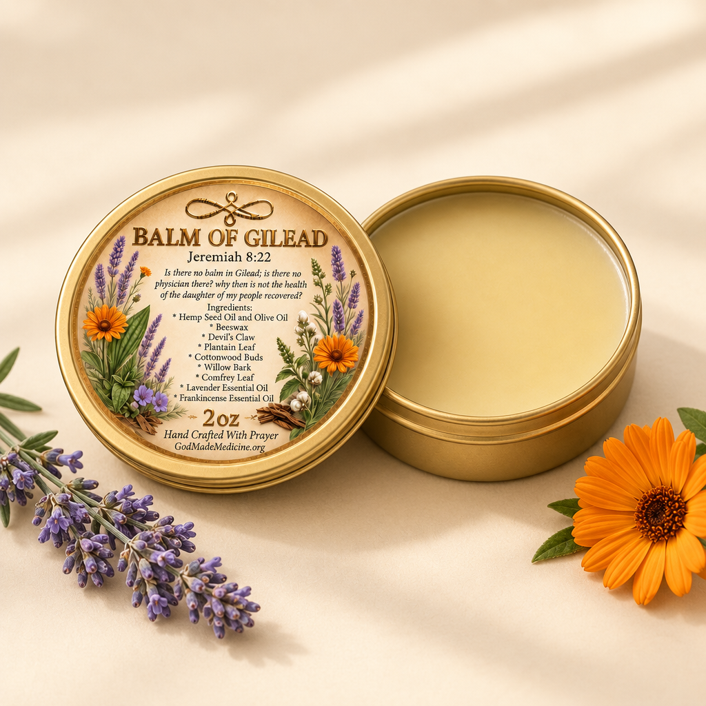 Open gold Balm of Gilead salve tin beside its labeled lid on a cream background.