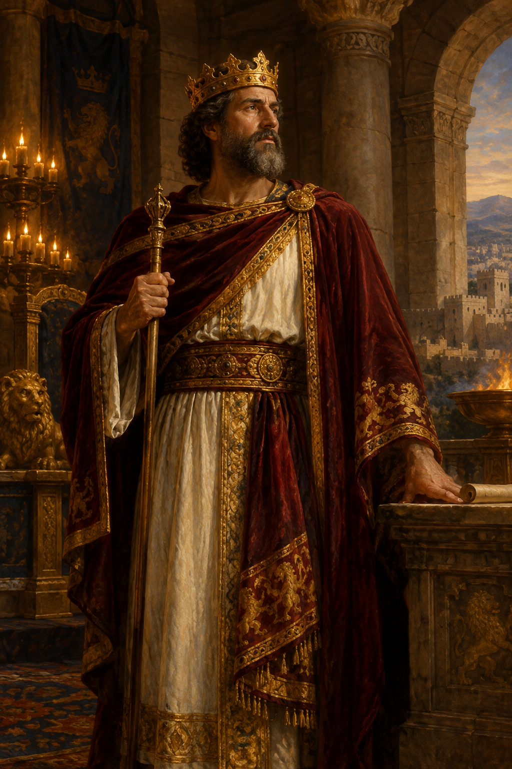 A regal portrait of a crowned king in ornate ancient royal attire, wearing a deep burgundy velvet cloak with gold embroidery over cream and gold robes, standing in a grand palace interior with candles, stone columns, and a painted cityscape in the background.