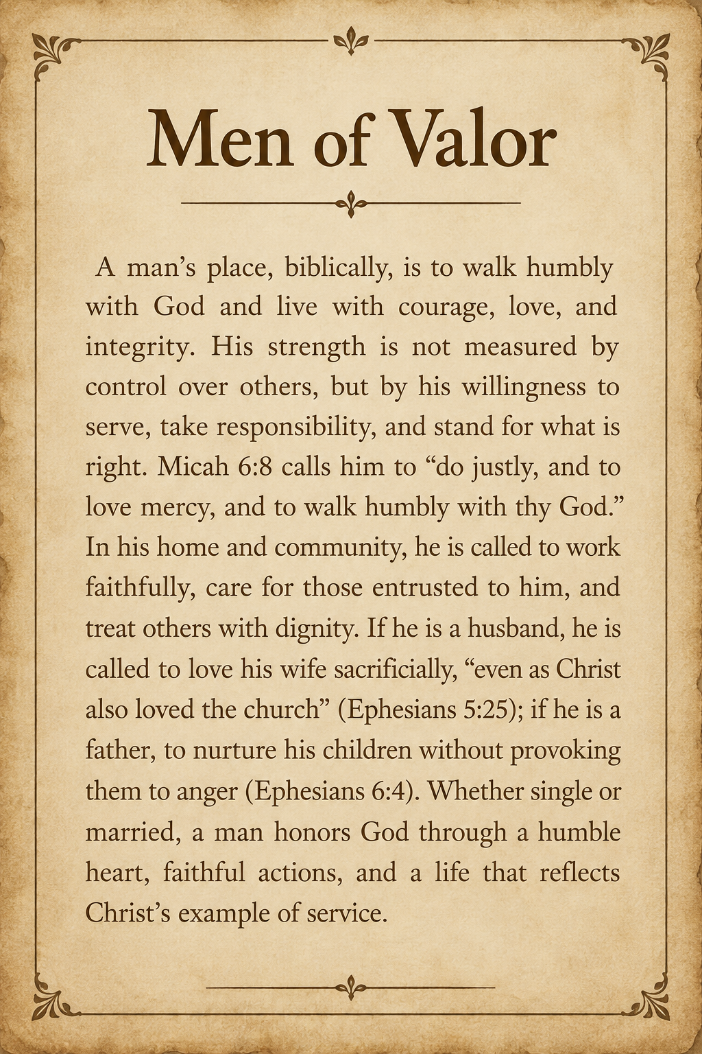 Men of Valor biblical paragraph on parchment paper
