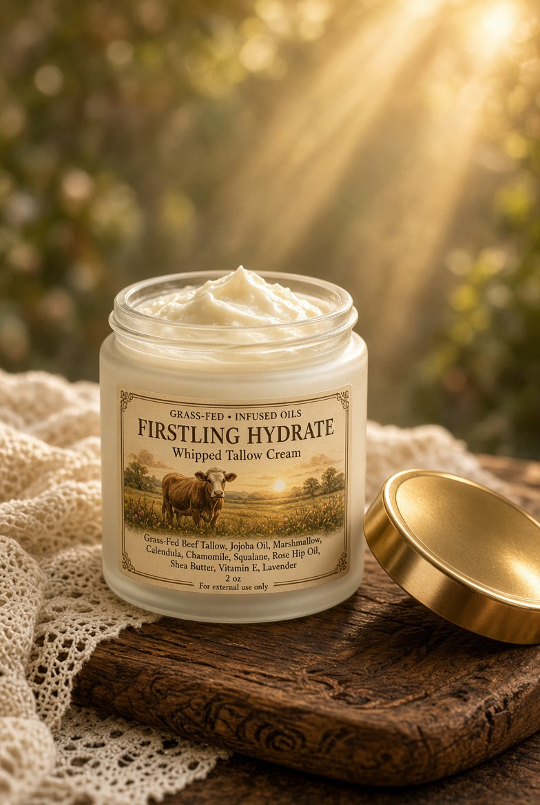 Jar of Firstling Hydrate Whipped Tallow Cream made with grass-fed tallow and botanical oils