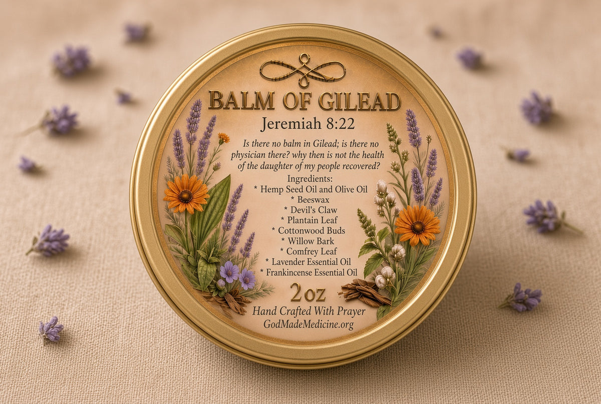 A round gold tin of Balm of Gilead shown from above on a beige fabric background with scattered dried lavender flowers. The lid features a detailed botanical illustration and a printed religious scripture with ingredients listed below
