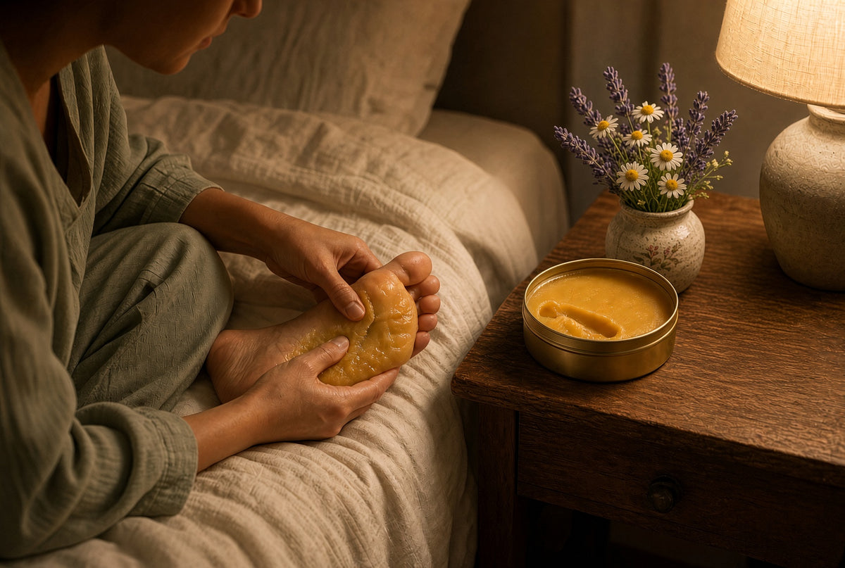 A person sitting on a bed applies a yellow-orange herbal paste or scrub to their foot. A small round tin of the same yellow-orange substance sits on a wooden bedside table next to a lit lamp and a small vase of lavender and daisies