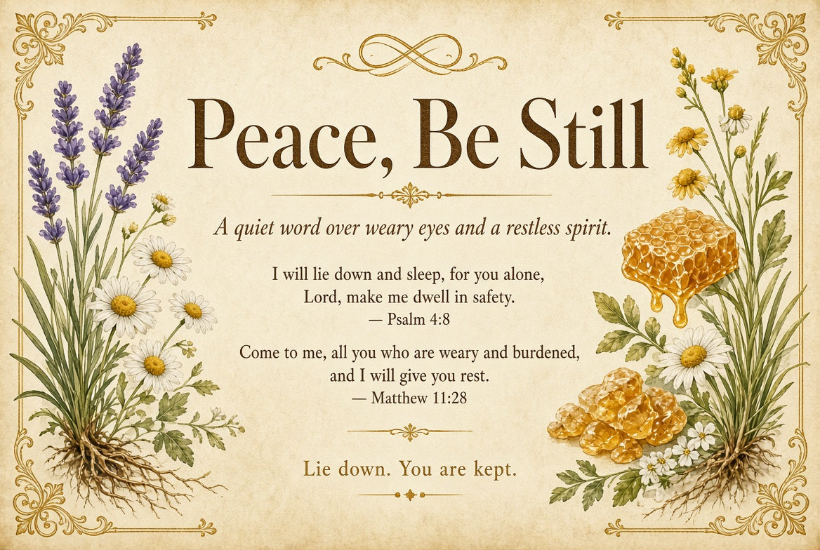 A square decorative print with the words 'Peace, Be Still' in large brown lettering over a beige parchment-style background, surrounded by botanical illustrations including lavender, daisies, and honeycomb, plus ornate gold corner flourishes.


