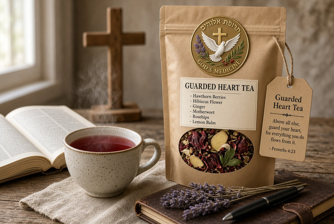 A kraft paper pouch of Guarded Heart Tea by God's Medicines stands on a rustic table beside an open book, a cup of dark red tea, lavender sprigs, and a pen. A wooden cross and softly blurred window are in the background