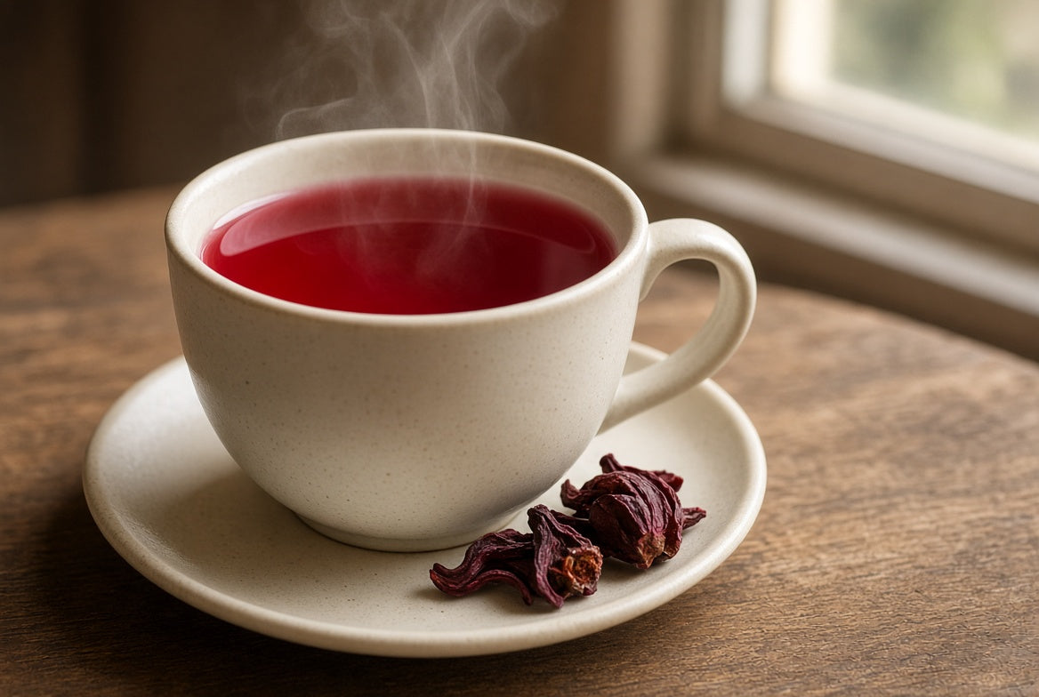 A white ceramic cup filled with red tea sits on a matching saucer on a wooden table, with dried red flowers beside it and steam rising near a window.