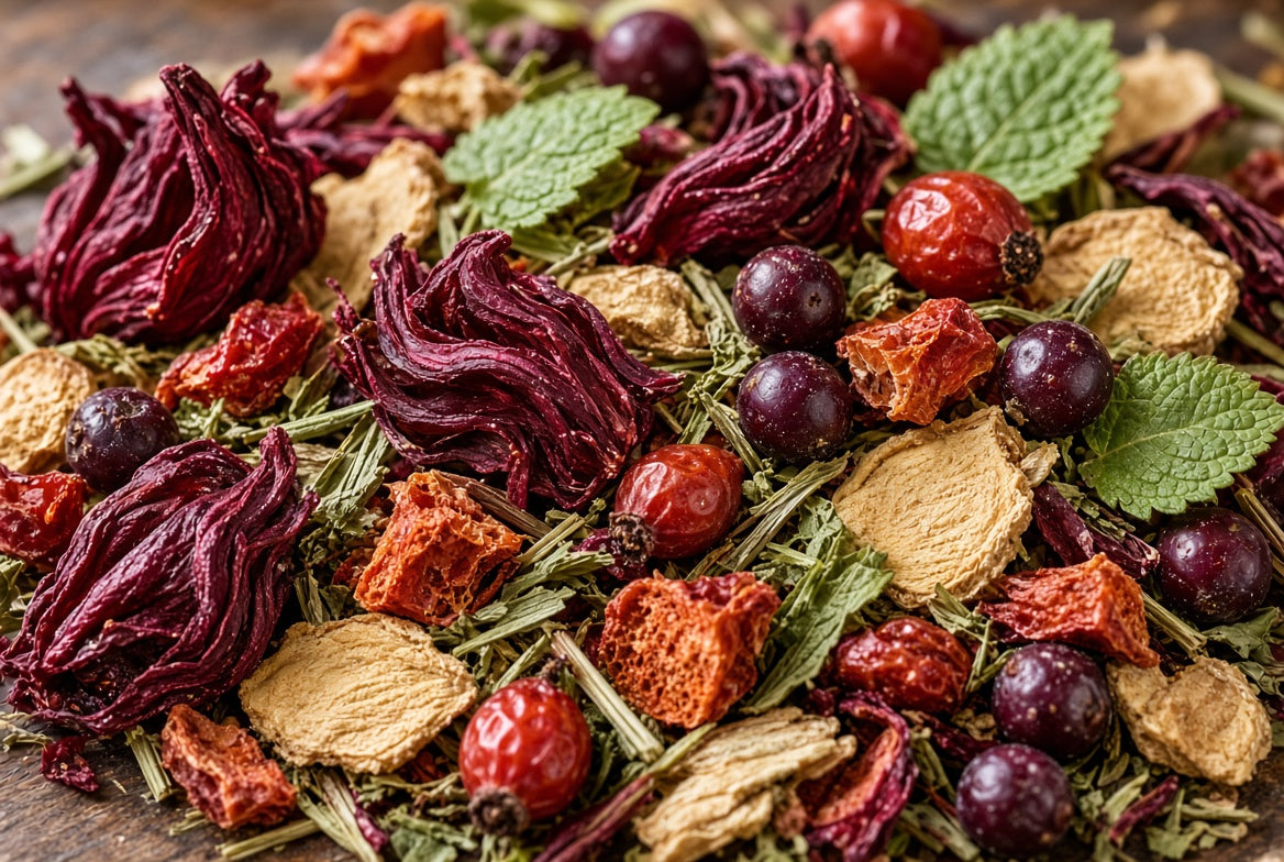 A close-up of a loose herbal tea blend featuring dried hibiscus flowers, red berries, green leaves, and tan root pieces on a rustic wooden surface