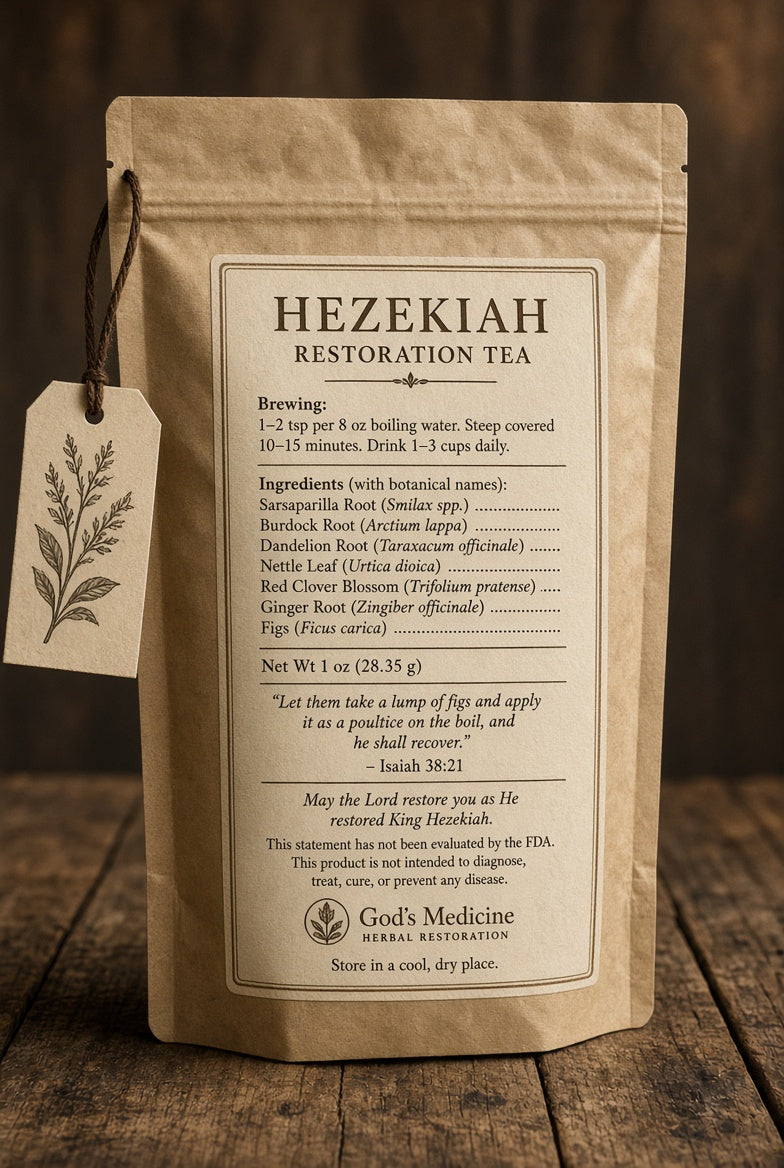 A stand-up kraft paper pouch of Hezekiah Restoration Tea by God's Medicine Herbal Restoration, displayed on a dark wooden surface. The beige pouch features a large cream-colored label detailing the tea's brewing instructions, ingredients, and net weight of 1 oz (28.

