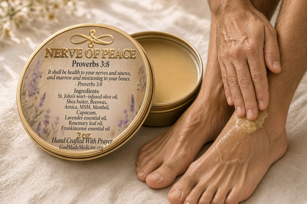A round tin of 'Nerve of Peace' essential oil foot soak is shown open next to a person's feet and legs, with the person applying the golden-colored liquid to their foot. The background is a soft beige fabric.

