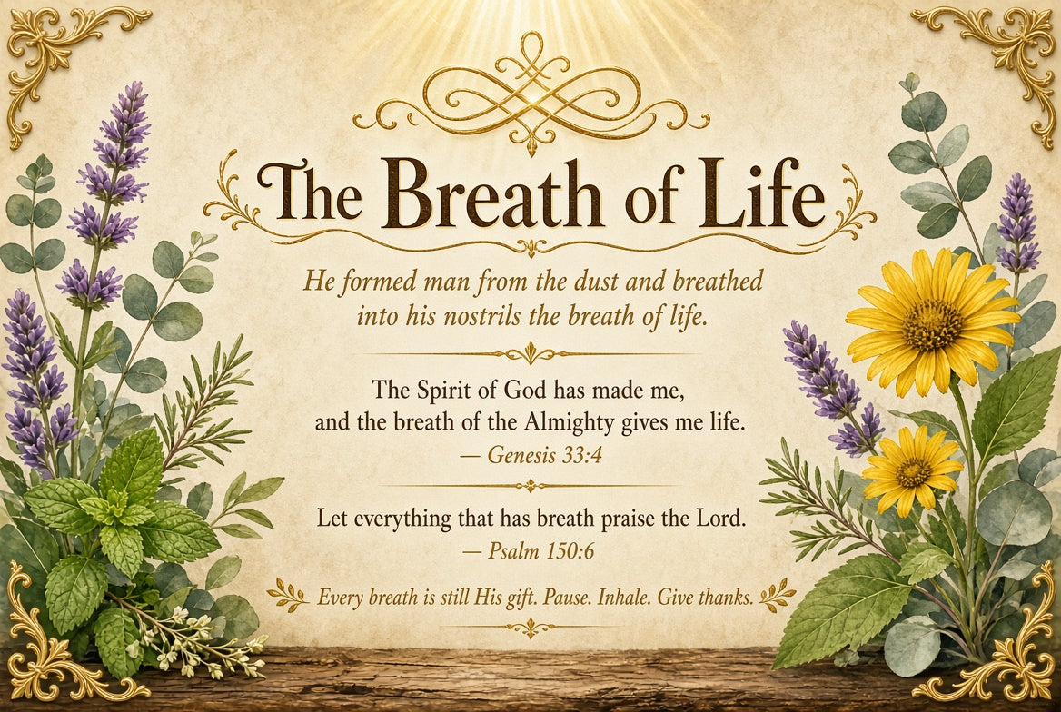 A decorative Bible verse print titled 'The Breath of Life' with scripture text from Genesis and Psalm 150:6, framed by illustrated flowers, leaves, and ornate gold corner flourishes on a warm cream background.

