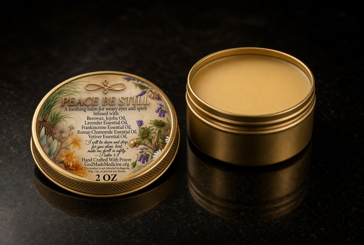 An open round gold metal tin of balm beside its illustrated lid on a dark reflective surface. The lid reads 'PEACE BE STILL' and shows botanical artwork with text about a working balm for eyes, skin, and spirit.

