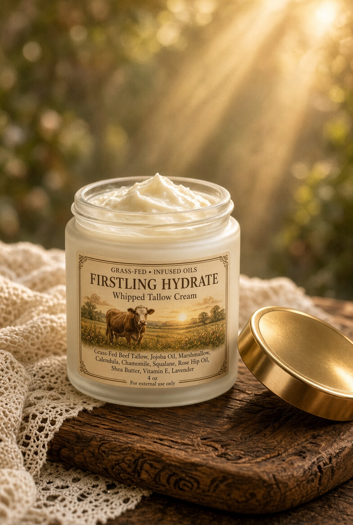 Firstling Hydrate whipped tallow cream in an open jar with gold lid
