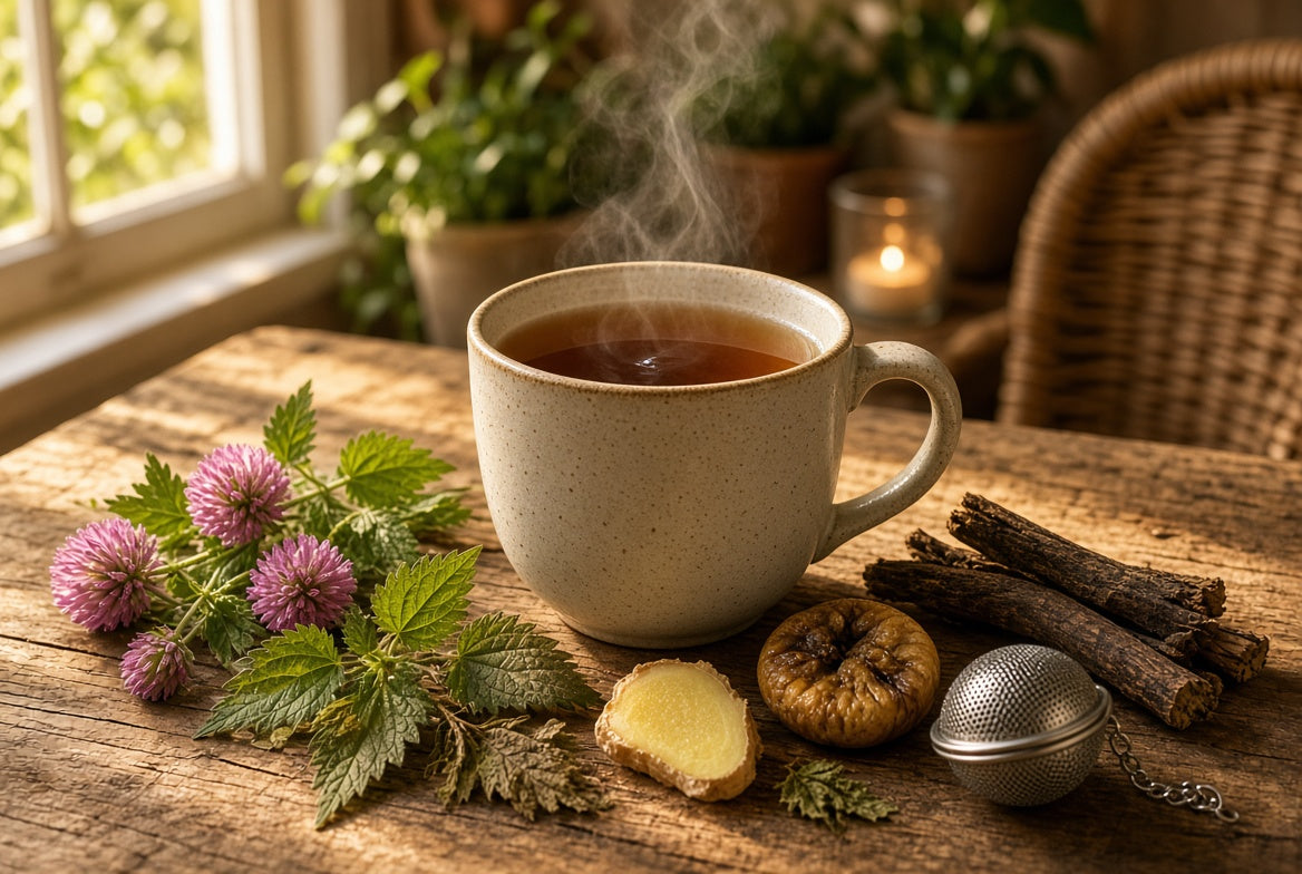 A steaming ceramic mug filled with tea sits on a rustic wooden table, surrounded by herbal ingredients including purple flowers, green leaves, ginger, cinnamon sticks, and a metal tea infuser. The background shows a softly blurred cozy interior with a window, plants, and a candle