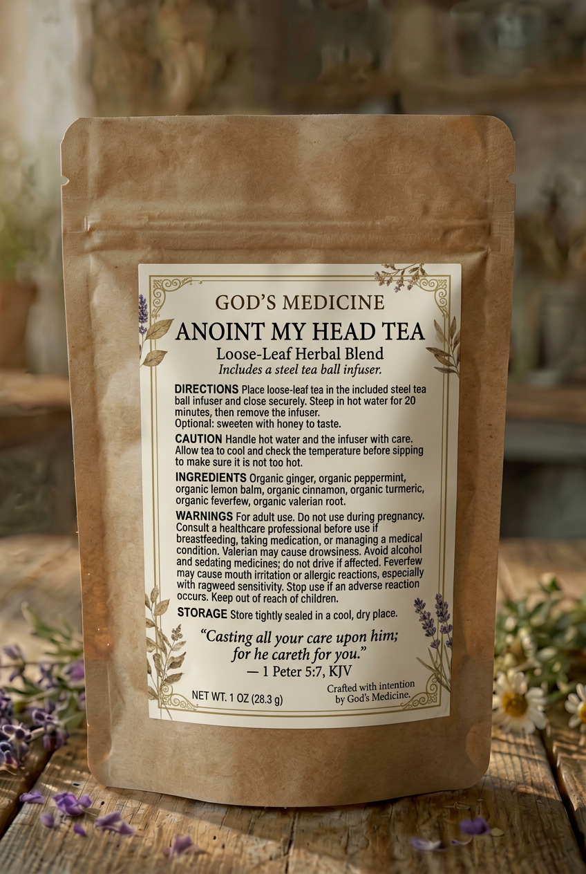 Back of Anoint My Head Tea pouch with directions and warnings label