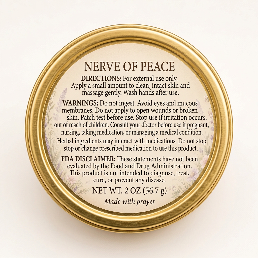 Back of Nerve of Peace gold salve tin with directions and warnings