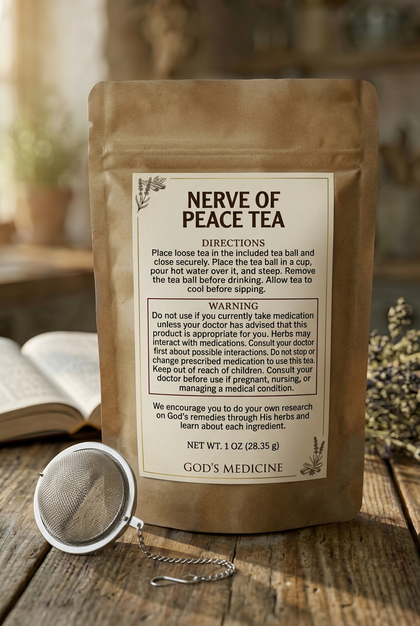 Back of Nerve of Peace Tea bag with directions label and silver tea ball