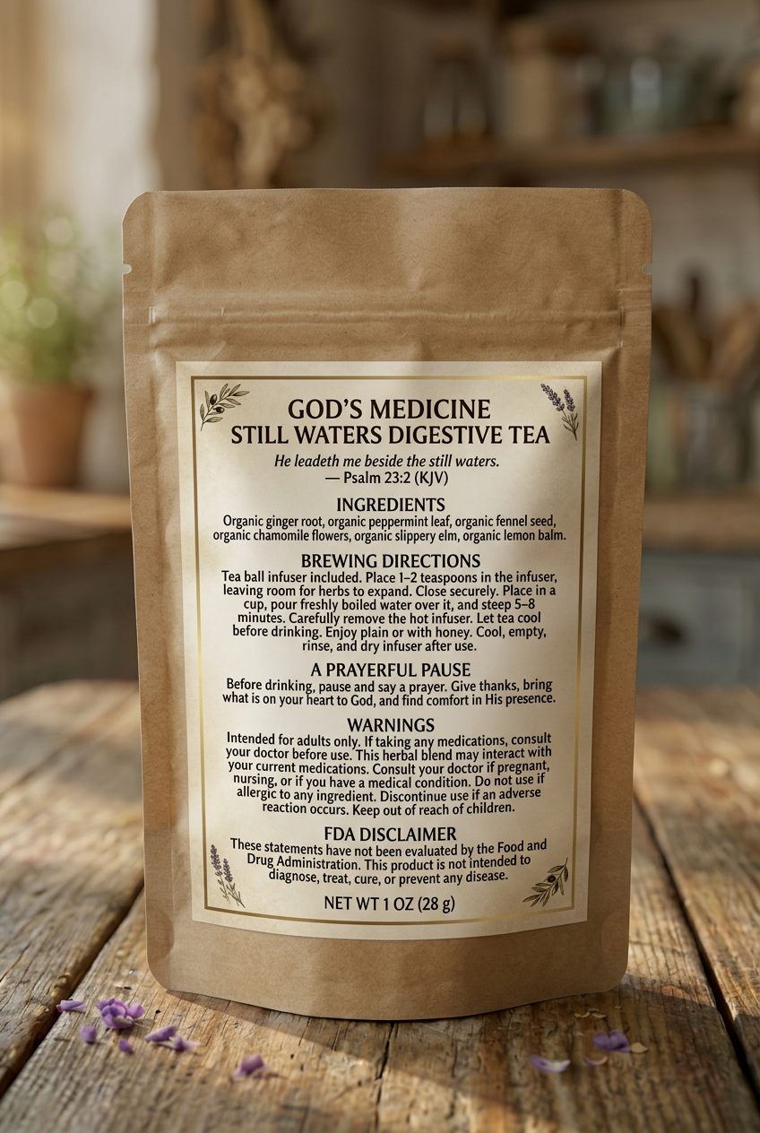 Back of Still Waters tea pouch with the label attached
