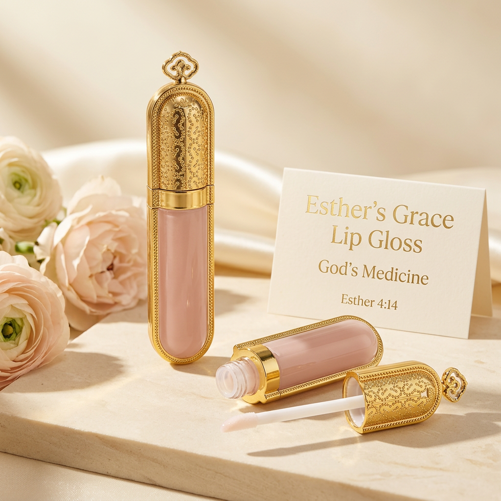 Esther’s Grace lip gloss concept with ornate gold packaging