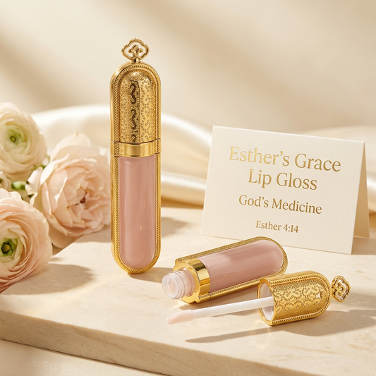 Esther’s Grace lip gloss concept with ornate gold packaging
