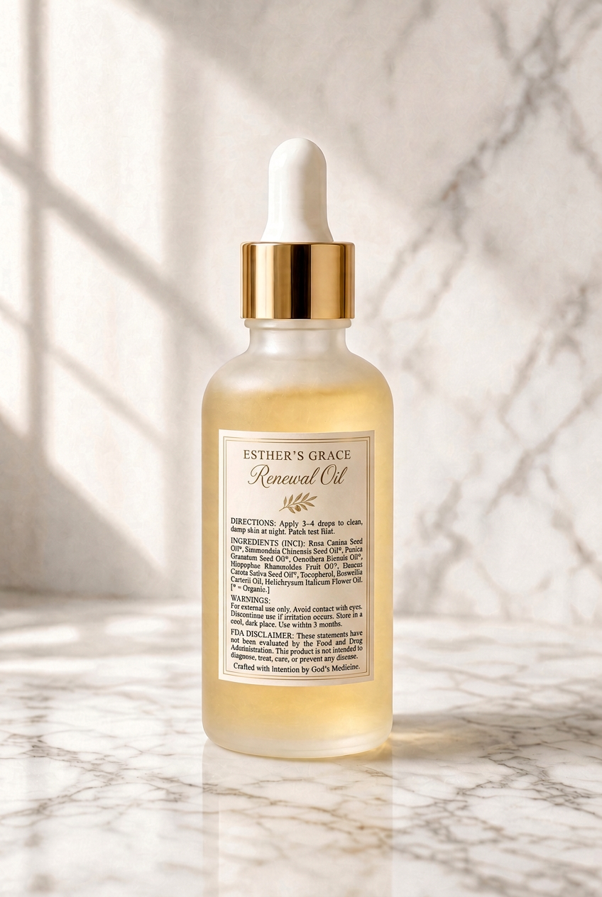 Esther’s Grace Renewal Oil bottle with a cream-and-gold back label