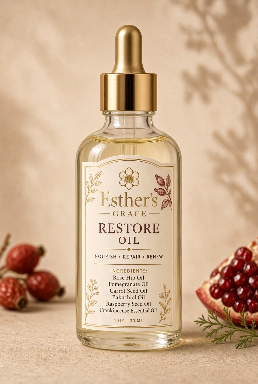 Esther's Grace Restore Oil bottle with corrected spelling