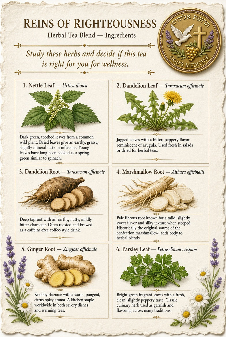 An educational poster titled 'Reins of Righteousness Herbal Tea Blend - Ingredients' featuring six illustrated botanical sections with herbs, roots, and ginger roots, accompanied by placeholder lorem ipsum text.


