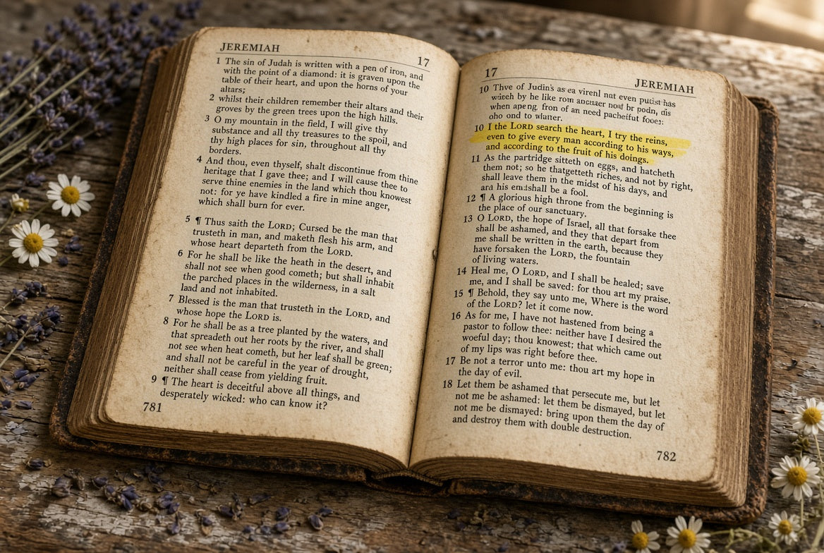 An open vintage-style Bible showing Jeremiah pages, with page 17 highlighted in yellow and page 782 visible. The book rests on a rustic wooden surface with small white daisies around it.

