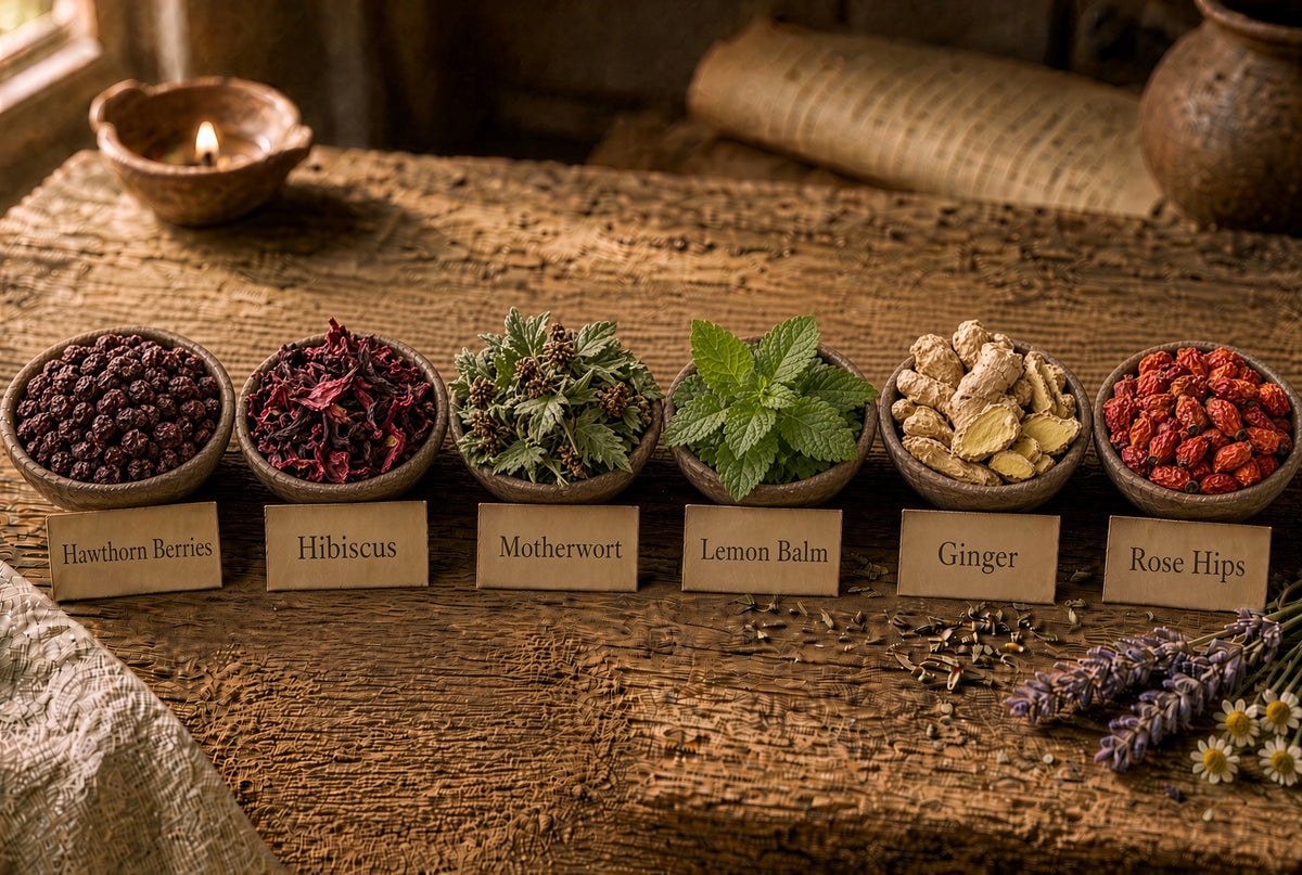 Six small bowls of dried and fresh herbs and spices arranged on a rustic wooden table, each labeled with a small card naming the ingredient: hawthorn berries, hibiscus, motherwort, lemon balm, ginger, and rose hips. A candle burns in the background, and the scene is styled with woven textiles and loose herbs.

