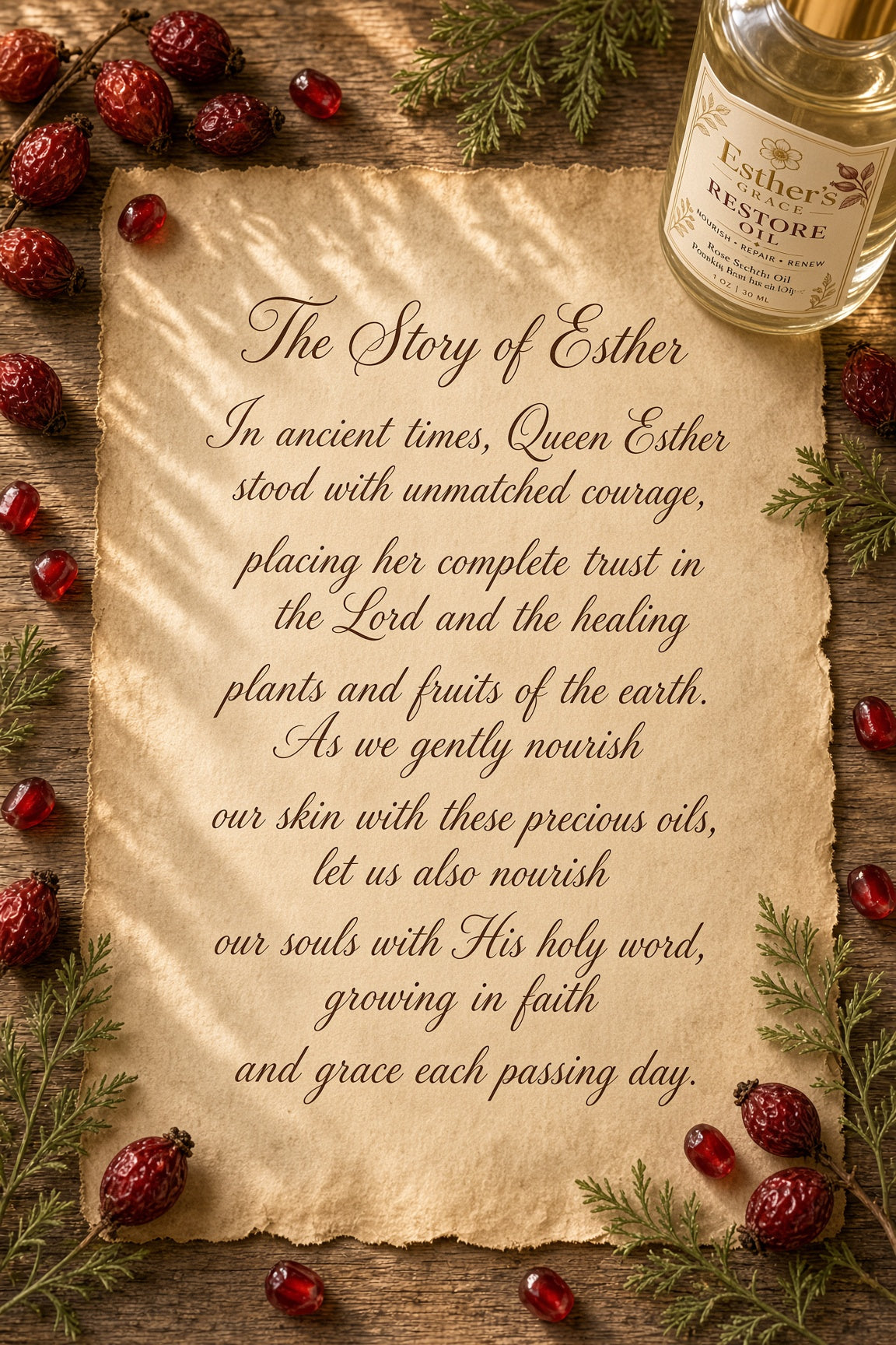 A styled flat-lay featuring a parchment-style print with the title 'The Story of Esther' and a poem printed in dark script, surrounded by red berries, evergreen branches, and a bottle of Esther Keystone Rosemary & Bergamot essential oils on a rustic wooden surface.


