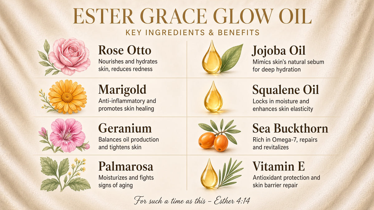 An informational graphic for Ester Grace Glow Oil on a beige textured fabric background. The graphic lists key ingredients and benefits in a grid: Rose Otto, Marigold, Geranium, Palmarosa oils; Jojoba Oil, Squalene Oil, Sea Buckthorn oil, and Vitamin E.

