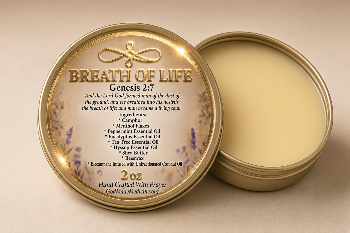 Two round gold metal tins of prayer candles on a beige background, one showing the front label with the text 'BREATH OF LIFE Genesis 2:7' and the other showing the cream-colored wax inside.

