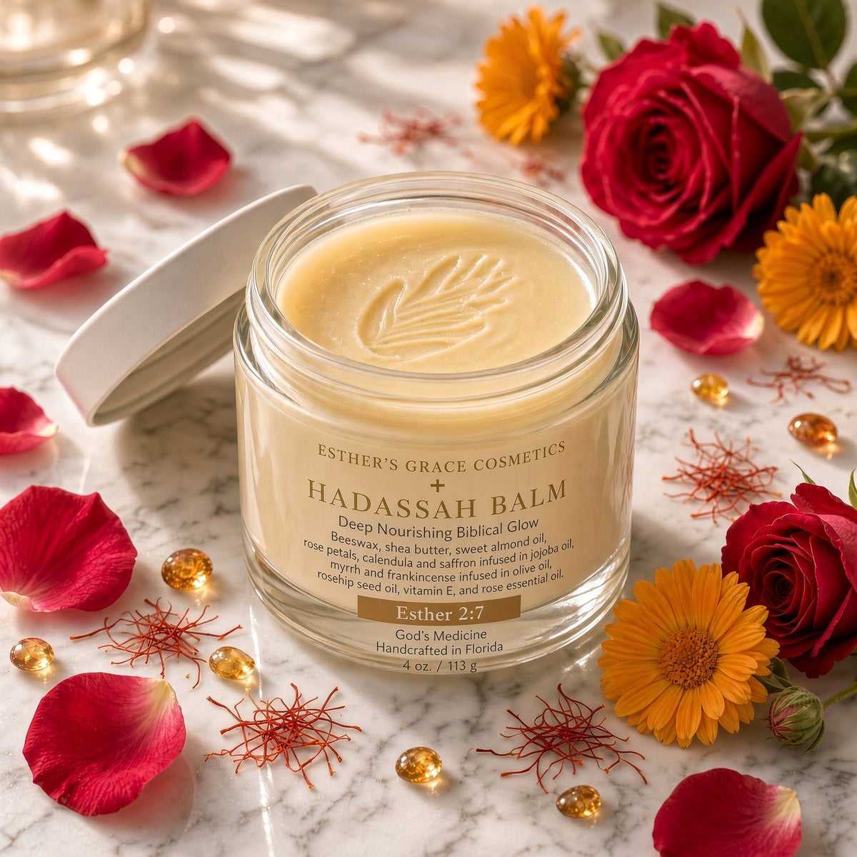 A glass jar of Esther's Grace Cosmetics Hadassah Balm sits on a white marble surface surrounded by red rose petals, red roses, yellow marigold flowers, and small gold decorative beads. The lid rests beside the jar, and the product label is clearly visible.

