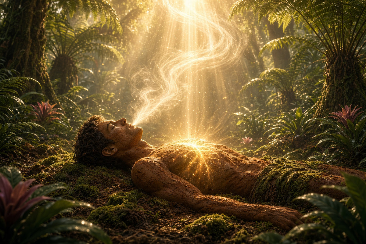 A surreal digital artwork of a nude male figure lying on a mossy forest floor, with golden sunlight streaming down through a jungle canopy and a glowing mist rising from his body.