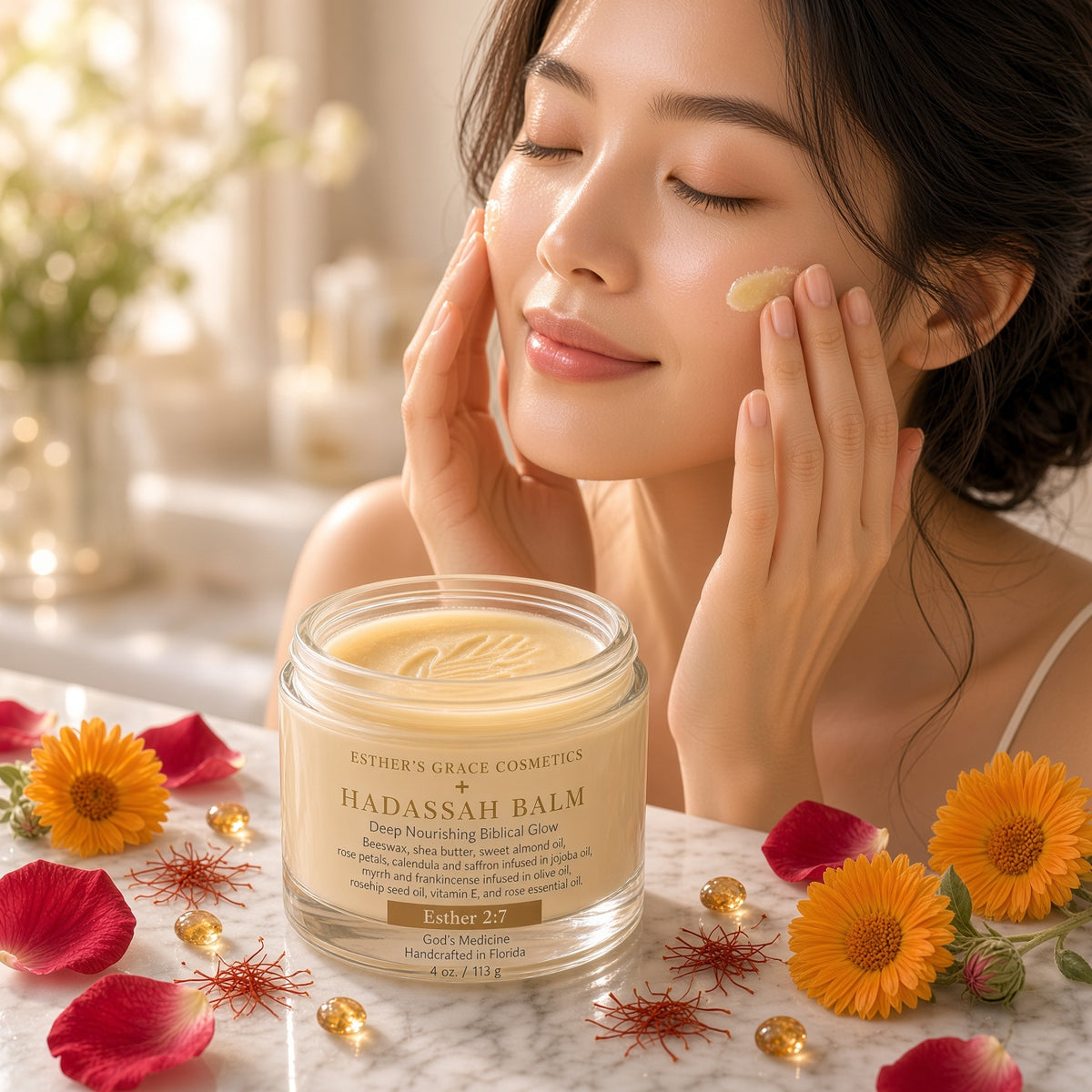 A woman with closed eyes applies a small amount of cream to her face beside a glass jar labeled Esther's Grace Cosmetics Hadassah Balm, styled with orange flowers and red petals on a marble surface.

