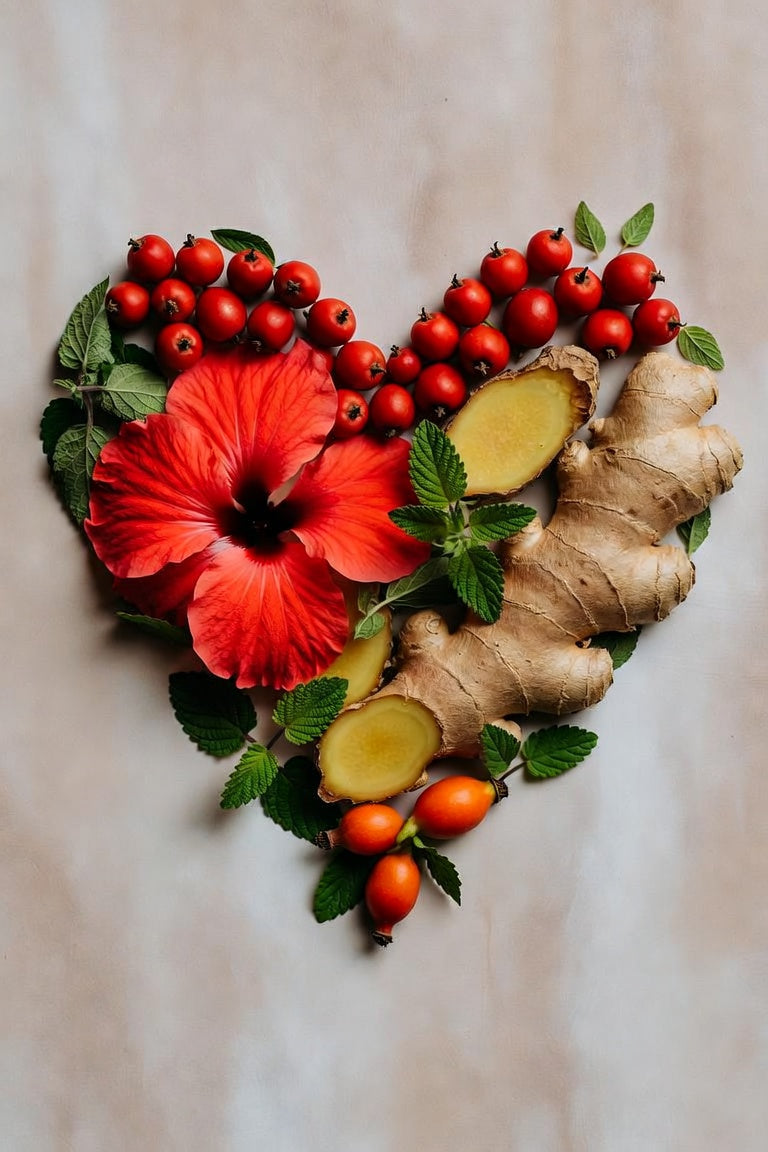 A heart-shaped arrangement of fresh ginger roots and slices, red berries, green mint leaves, and a large red hibiscus flower on a neutral beige background.

