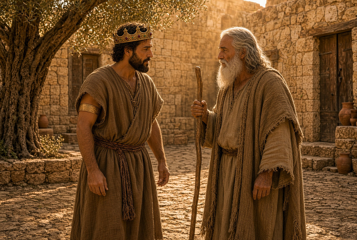 Two men in ancient-style brown robes standing in a sunlit stone courtyard, one wearing a crown and the other holding a staff, with a large tree and rustic buildings in the background.


