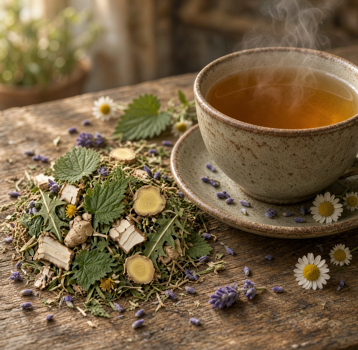 A rustic ceramic cup filled with steaming amber tea sits on a matching saucer on a wooden table, surrounded by loose herbal ingredients including green leaves, purple flowers, and dried roots.

