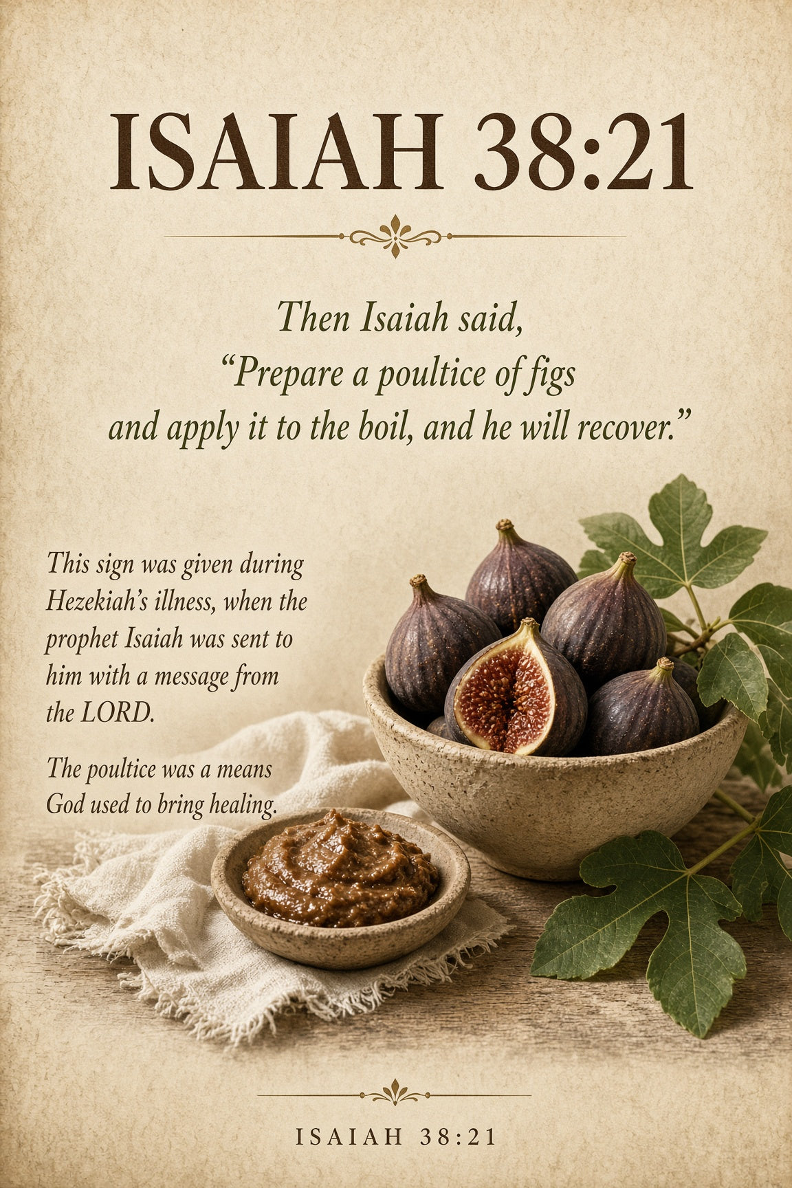 A square inspirational poster featuring Isaiah 38:21 scripture text on a warm beige parchment-style background, with a rustic bowl of figs and a small dish of poultice as supporting imagery.