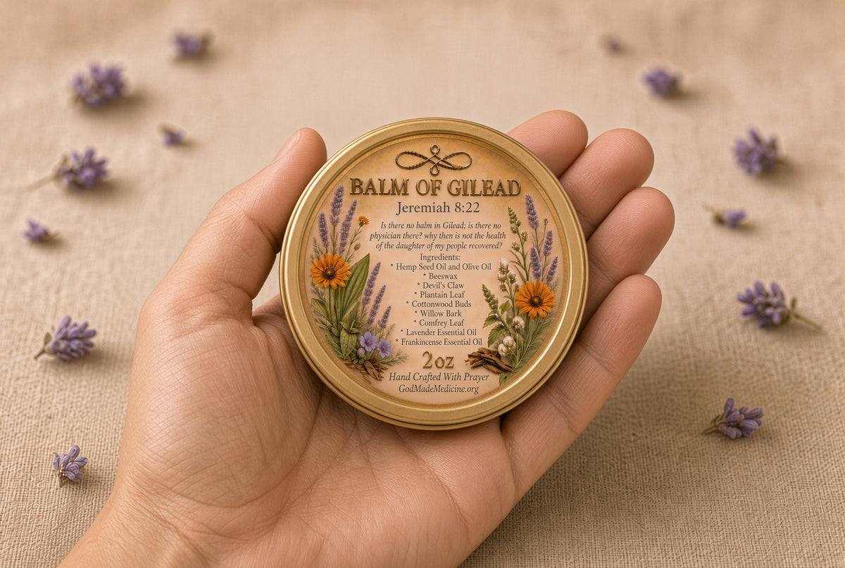 A hand holds a round gold tin labeled 'Balm of Gilead' with floral illustrations and text, set against a beige fabric background with scattered purple flowers.

