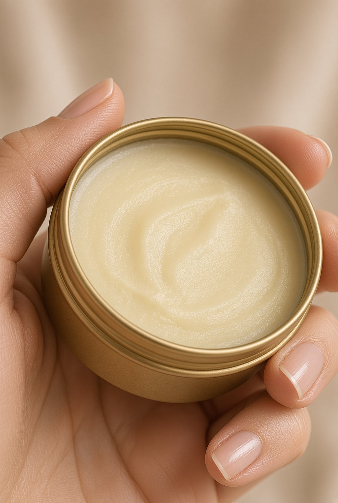 A close-up of a hand holding an open round gold tin containing a creamy beige cosmetic balm or lotion, with a soft neutral background