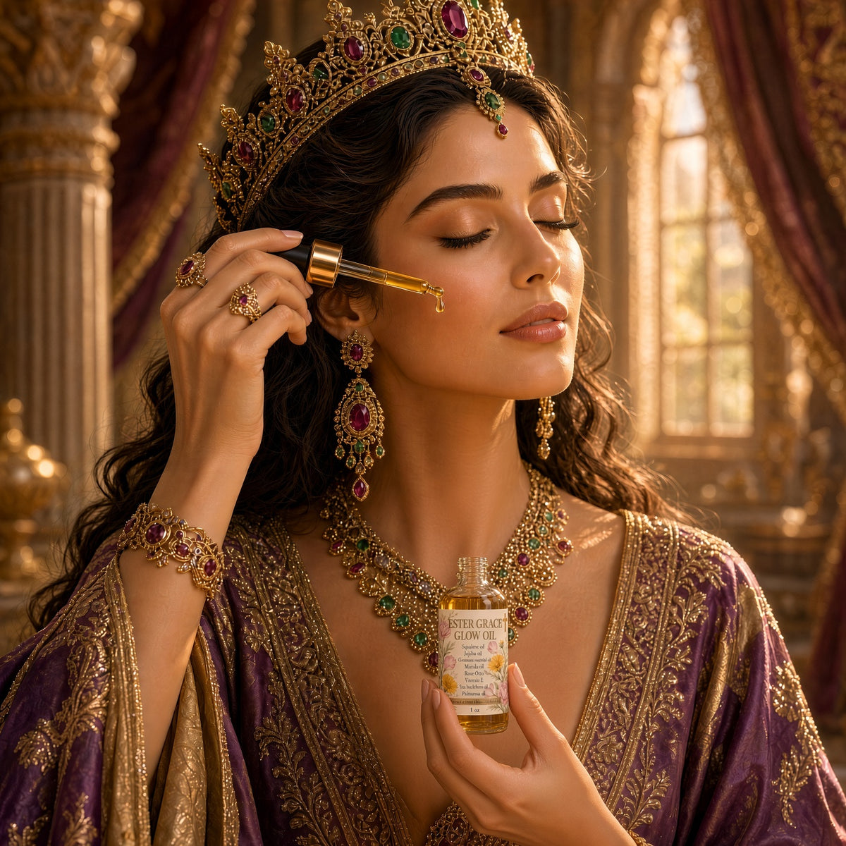 A woman in ornate royal jewelry and a purple robe holds a small bottle of golden liquid with a dropper near her face in a luxurious interior setting.

