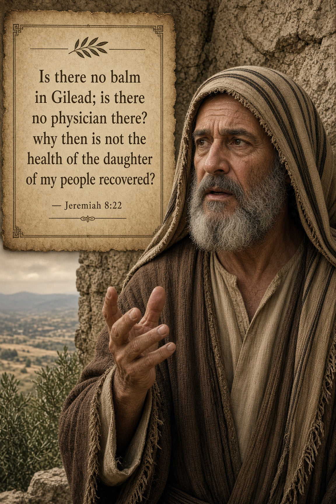 A man dressed as an ancient Jewish scholar or prophet in brown and beige robes stands outdoors against a stone wall, gesturing with his hand. A large parchment-style text panel overlays the left side with a biblical quote from Jeremiah 8:22.

