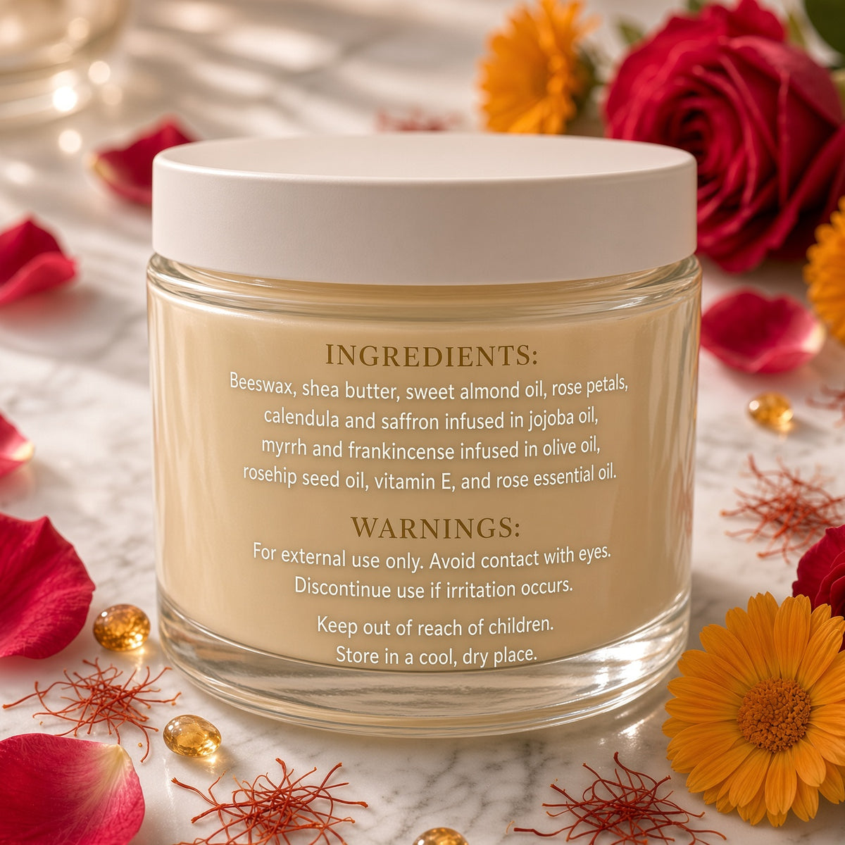 A clear glass jar candle with a white lid and beige wax, shown on a marble surface surrounded by red rose petals, dried flowers, and yellow daisies. The front of the jar displays the ingredients and warnings text.

