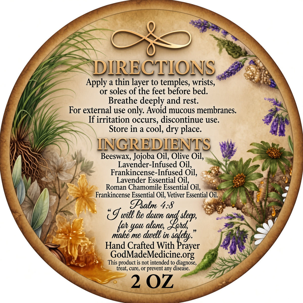 Round decorative label or packaging insert with a natural wood border, featuring illustrated herbs, flowers, and bees around a central text panel with 'DIRECTIONS' and 'INGREDIENTS' for a 2 oz handcrafted essential oil product. Visible brand text at the bottom reads GodMadeMedicine.org