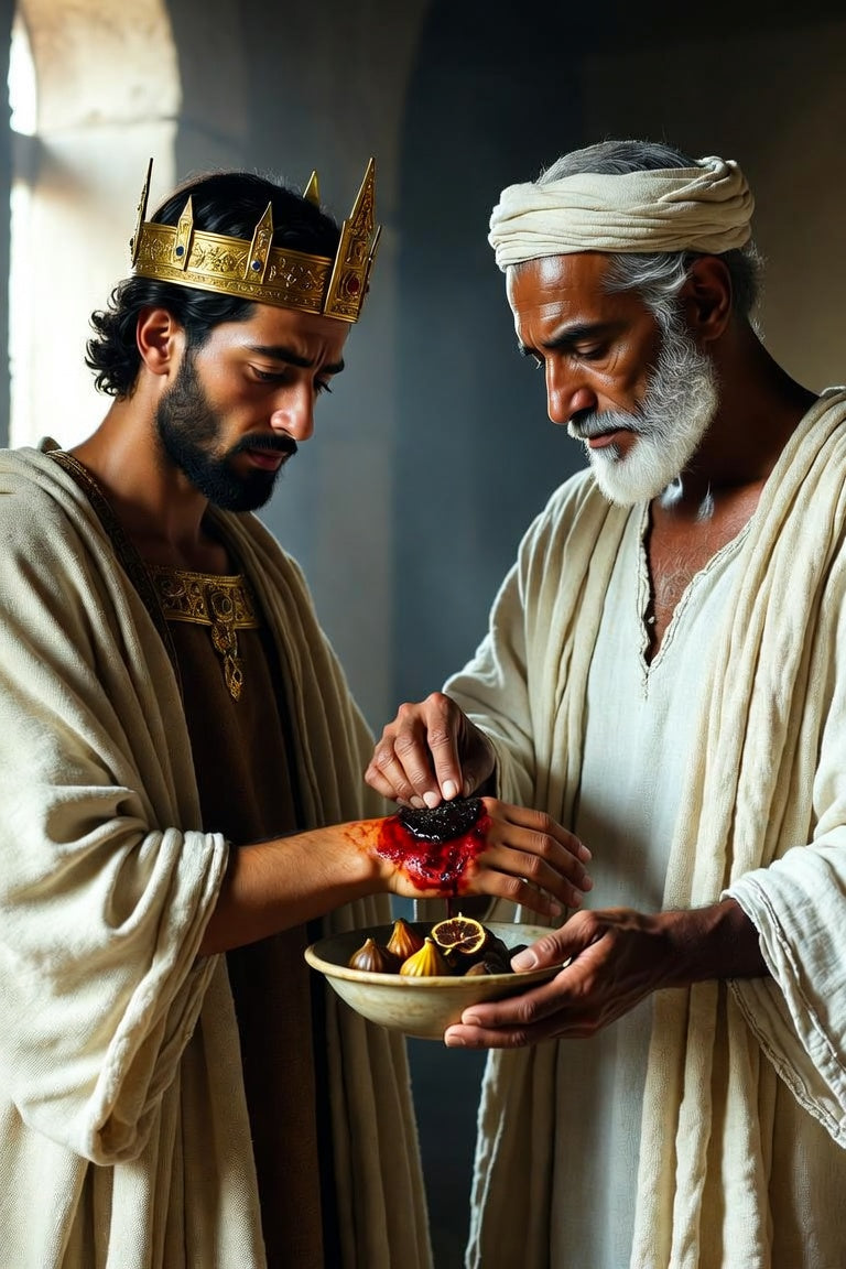 Two men in ancient-style robes, one wearing a gold crown and the other a white headwrap, sharing a bowl of dates in a dimly lit interior.

