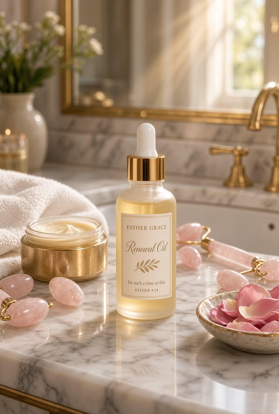 A bottle of Esther Grace Rose Gold Removal Oil stands on a marble bathroom counter beside a gold jar, pink rose petals, and pink gemstones, with a gold faucet and mirror in the background.

