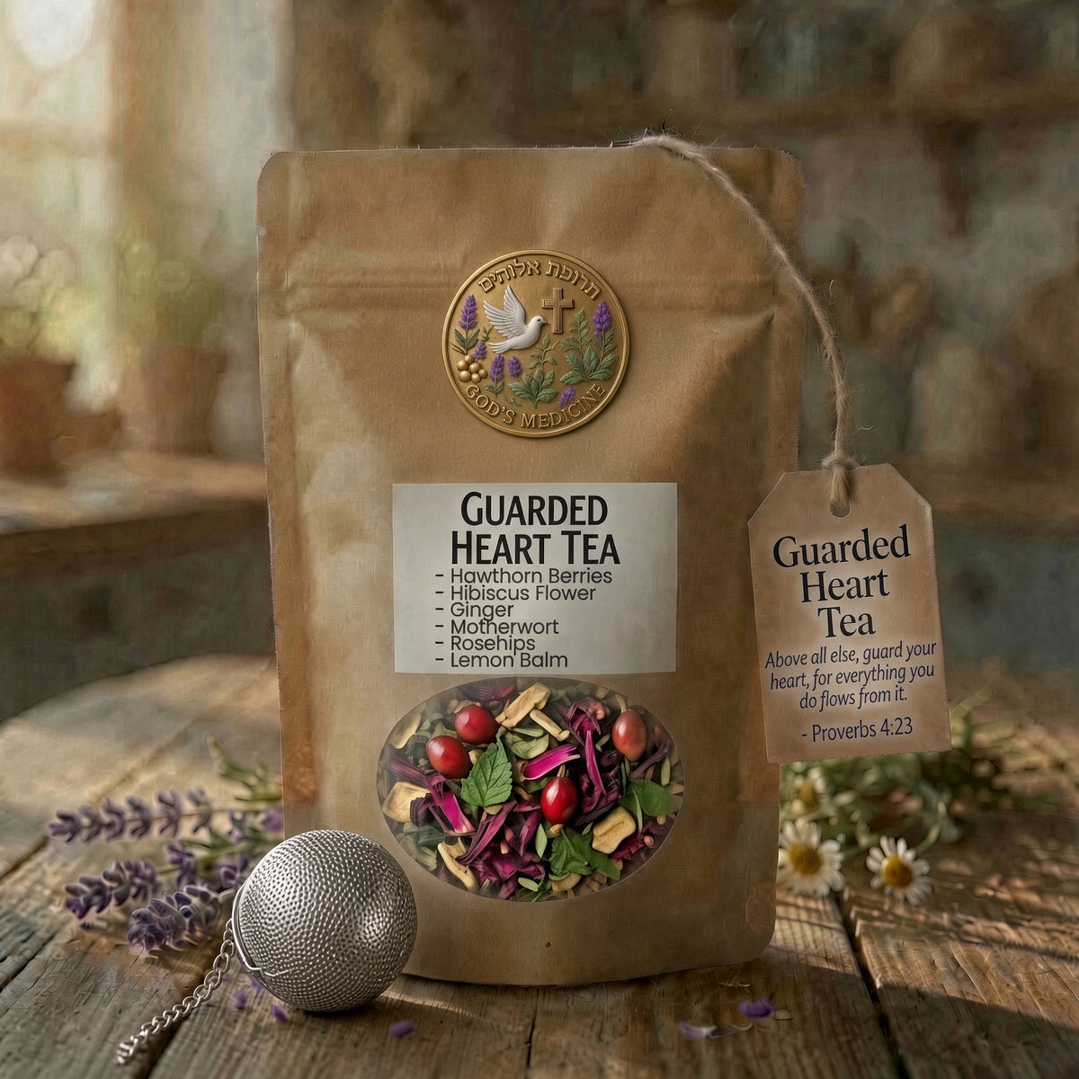 A kraft paper pouch of Guarded Heart Tea by Holy Heart Herbs sits on a rustic wooden table with a metal tea infuser and small flowers around it. The front label lists ingredients including hibiscus flower, ginger, citrus, and lemon balm, and the side hanging tag reads 'Guarded Heart Tea' with a scripture reference.

