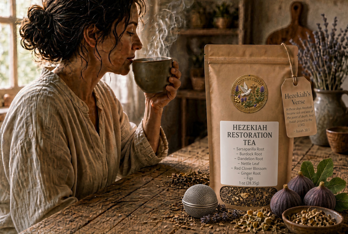 A woman in a rustic room drinks from a steaming cup beside a standing kraft pouch of Hezekiah Restoration Tea. The scene includes a metal tea ball, dried lavender, figs, and loose tea ingredients on a wooden table, with visible branding and a hanging tag on the pouch